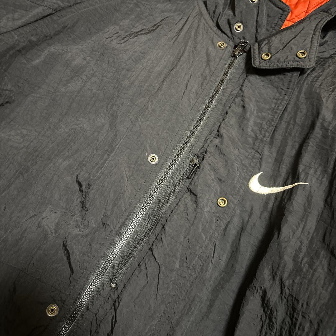 90s NIKE ベンチコート ロング 黒 青 スオッシュ L 中綿 古着