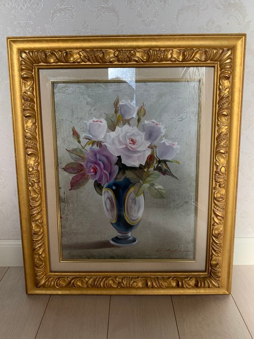 油彩画　花瓶とバラ　肉筆　ゴールド額縁　アンティーク