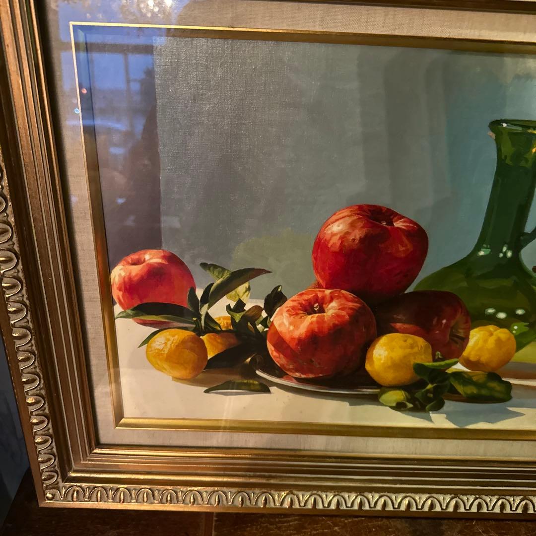 大幅お値下げ❗️みずみずしい　りんごの油絵　洋画　ヴィンテージ　ゴールド額縁
