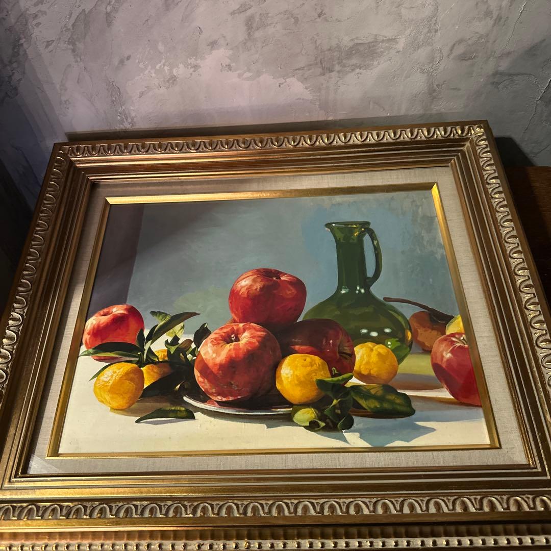 大幅お値下げ❗️みずみずしい　りんごの油絵　洋画　ヴィンテージ　ゴールド額縁