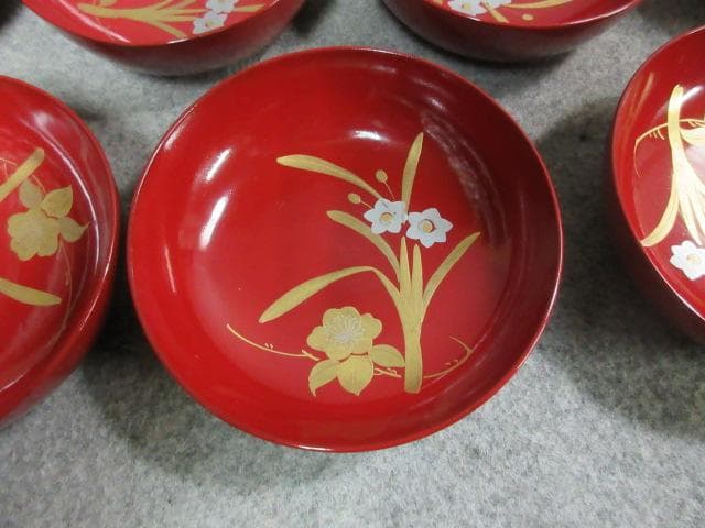 朱塗蒔絵花柄木皿10枚 [B25359]