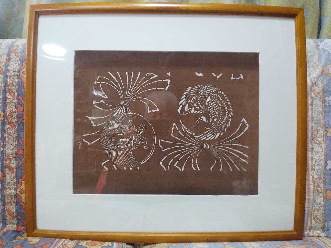 伊勢型 紙 「鶴・亀・熨斗の図」 額装 未使用 明治中期 骨董品