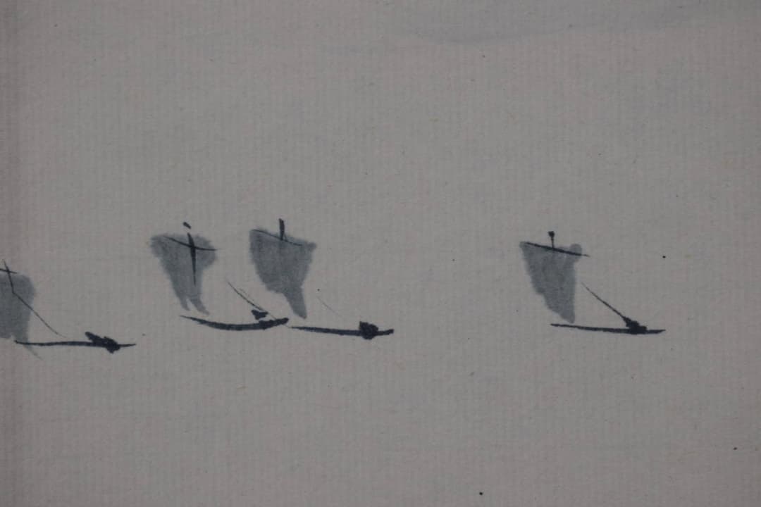 【真作】杉原元人/水墨山水図/漁舟晴天/掛軸☆宝船☆Y-418　JM