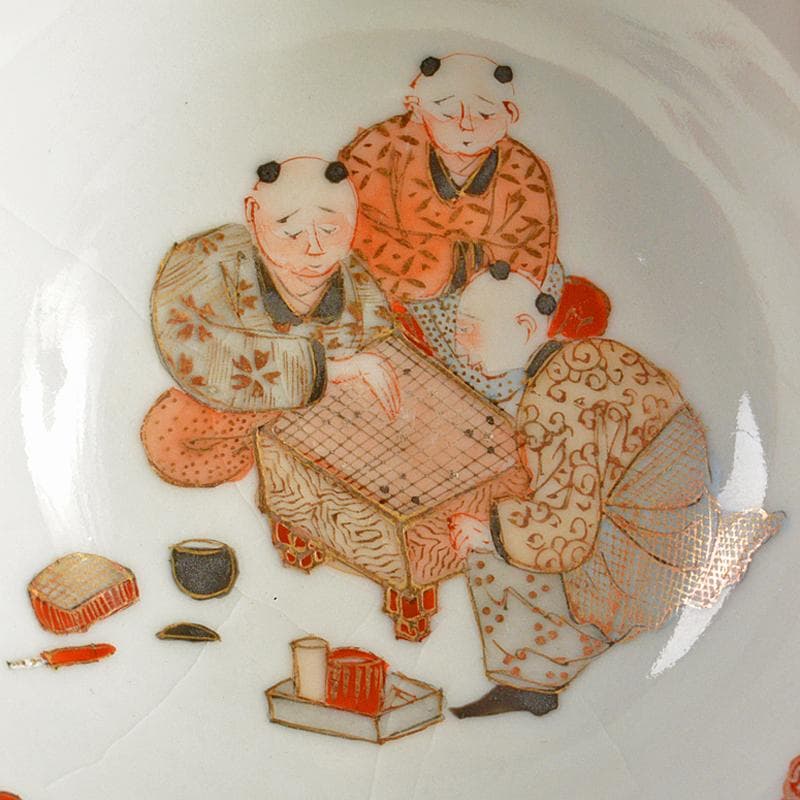 九谷焼　明治時代　土井製　赤絵　唐子囲碁文　酒盃　五客　時代箱付　F　R5791