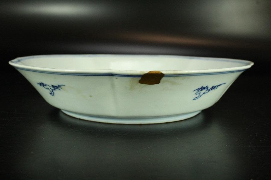 中国美術 青花 山水舟紋 盤 φ20.5cm 嘉慶年製(K-LC657)