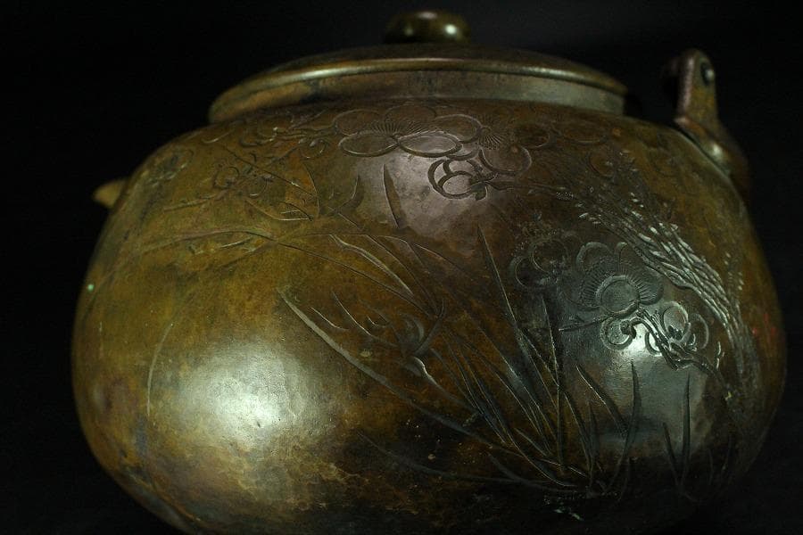 煎茶 銅 刻 梅紋 五郎三郎 在銘 銅瓶 時代物(K-LC756)