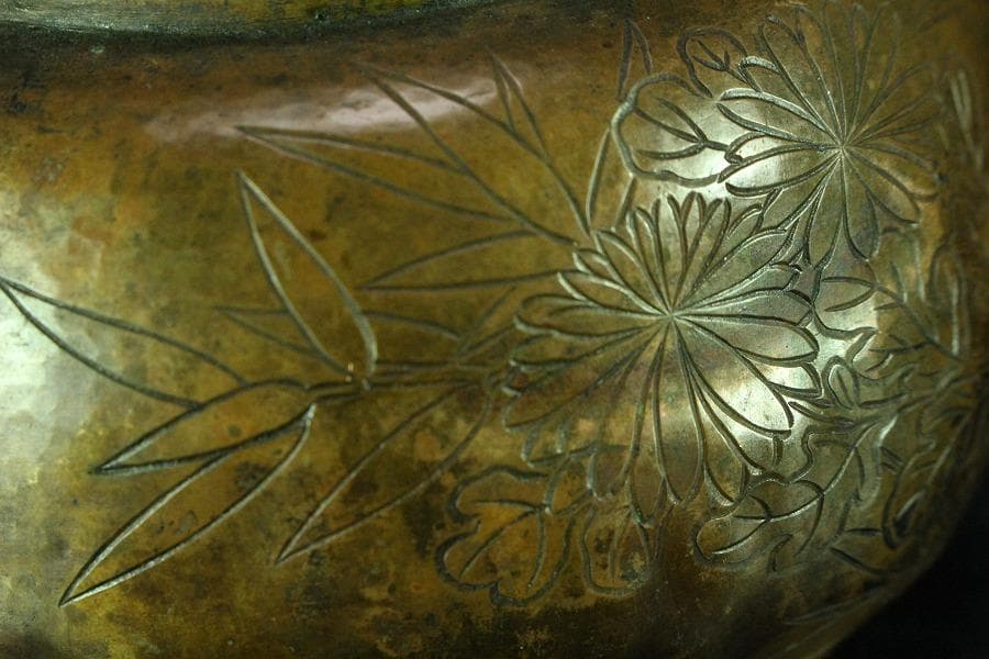 煎茶 銅 刻 梅紋 五郎三郎 在銘 銅瓶 時代物(K-LC756)