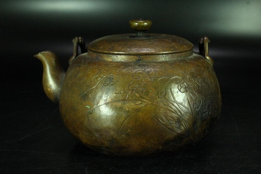 煎茶 銅 刻 梅紋 五郎三郎 在銘 銅瓶 時代物(K-LC756)