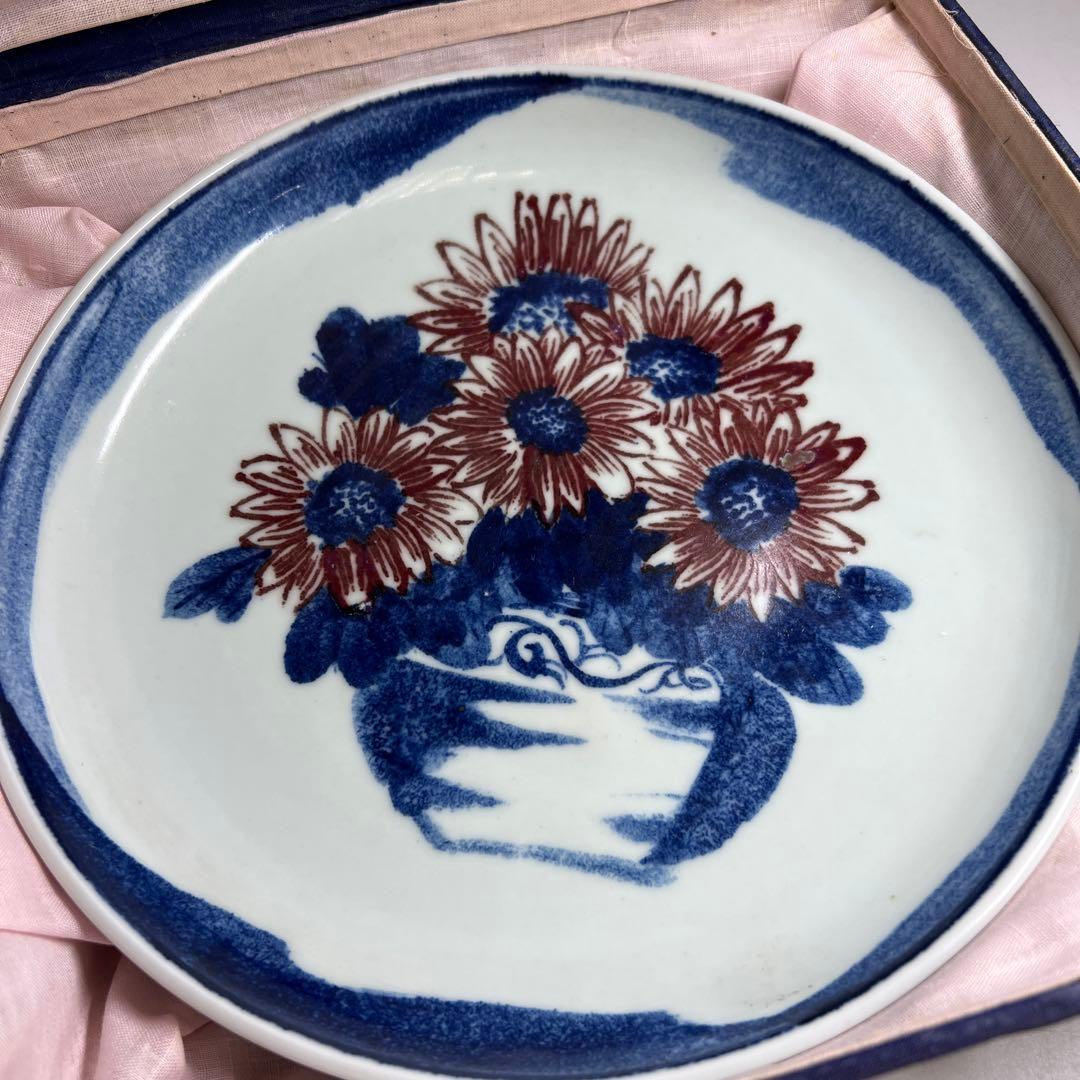 専用　中国景徳鎮　青絵青花大皿　箱付　直径25.8㎝　東Y8-0108⑤タウオ