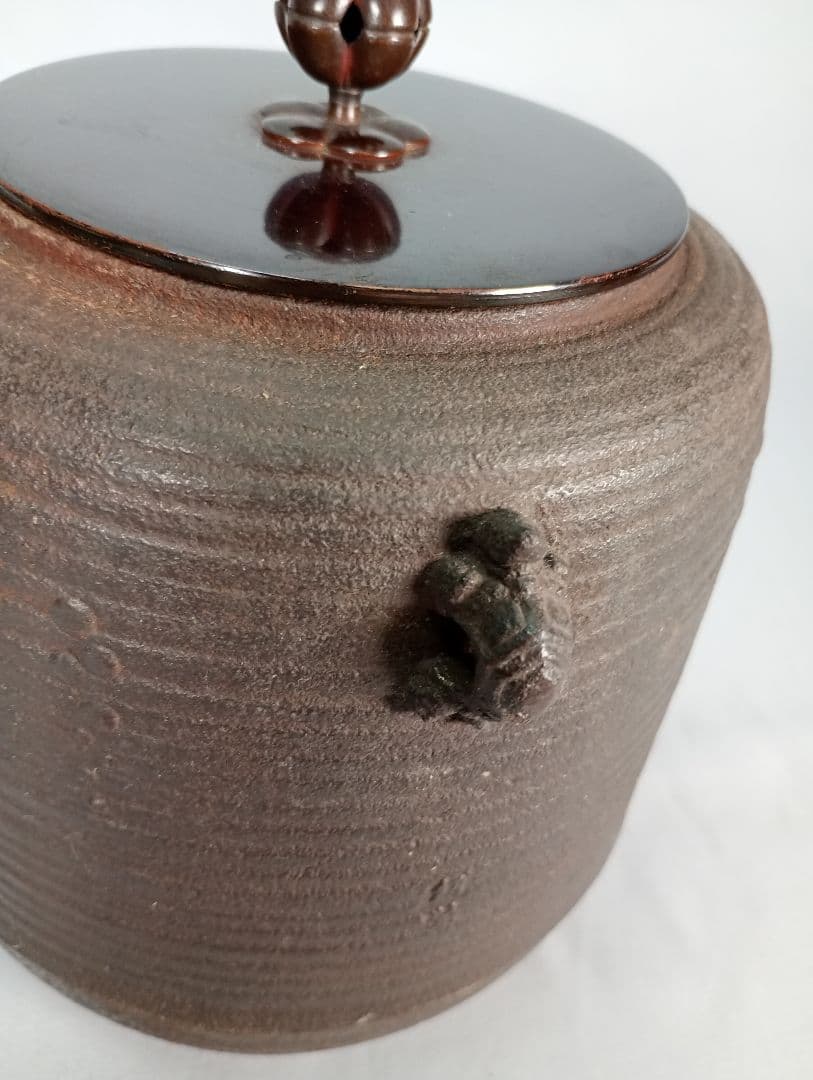 【茶道具】亀甲耳千筋筒釜　金森紹栄造　茶釜　釜370