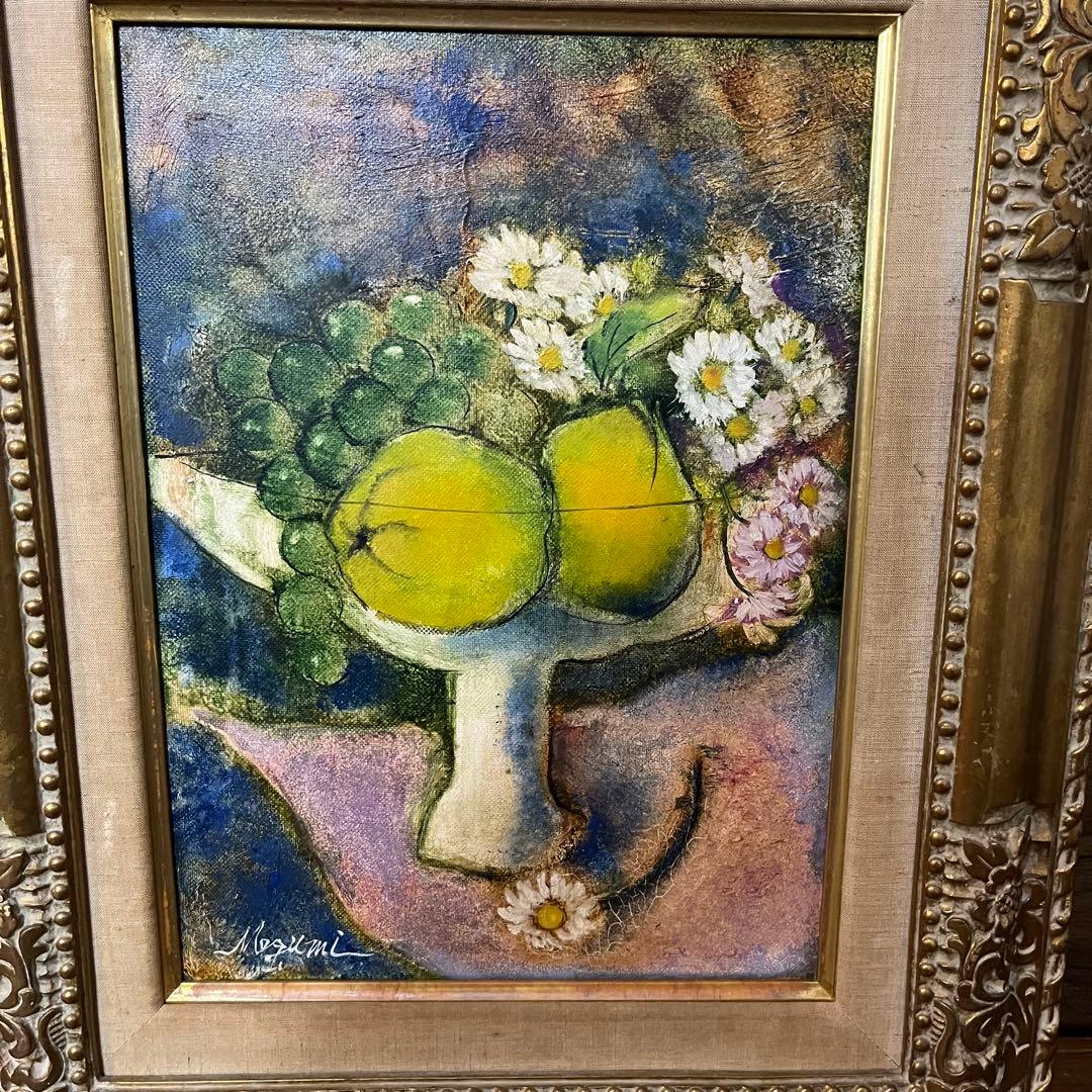 【アンティーク】額装 額縁 小林恵 F4号 静物画 果物と花 油絵 油彩画 絵画