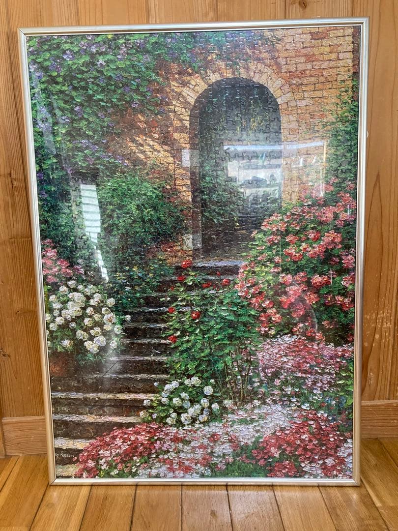 千P③花ガーデン階段口ジグソーパズル　アルミ額50×74㎝完成　油絵作名　極美品