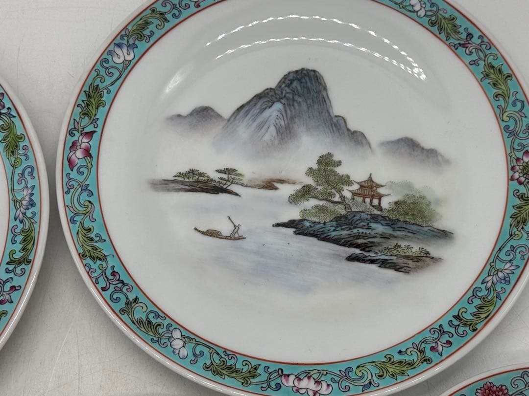 中国　1950ー1960年代　景徳鎮製　粉彩山水紋大皿小皿5点まとめ260104