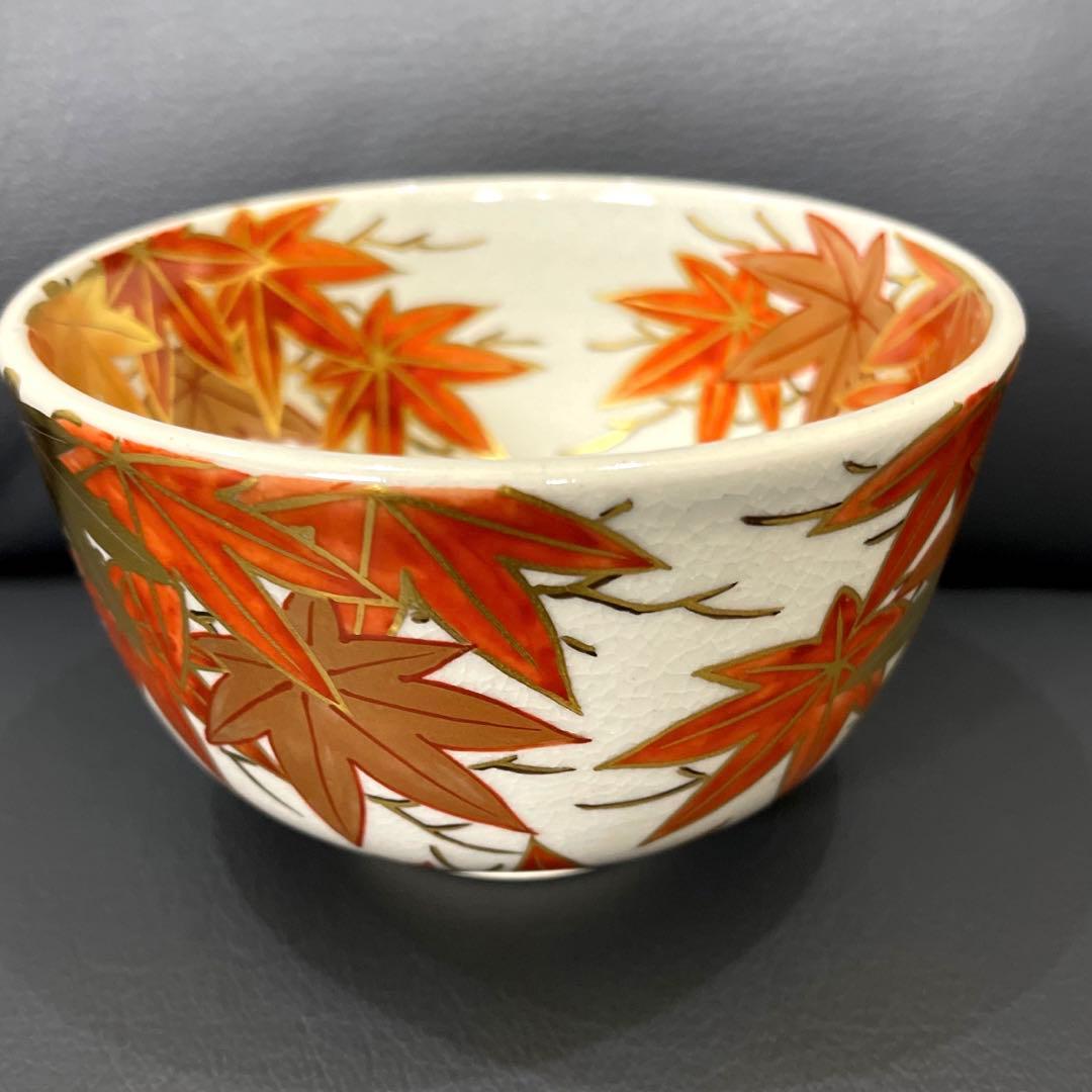 抹茶茶碗　色絵紅葉　膳所焼　陽炎園造