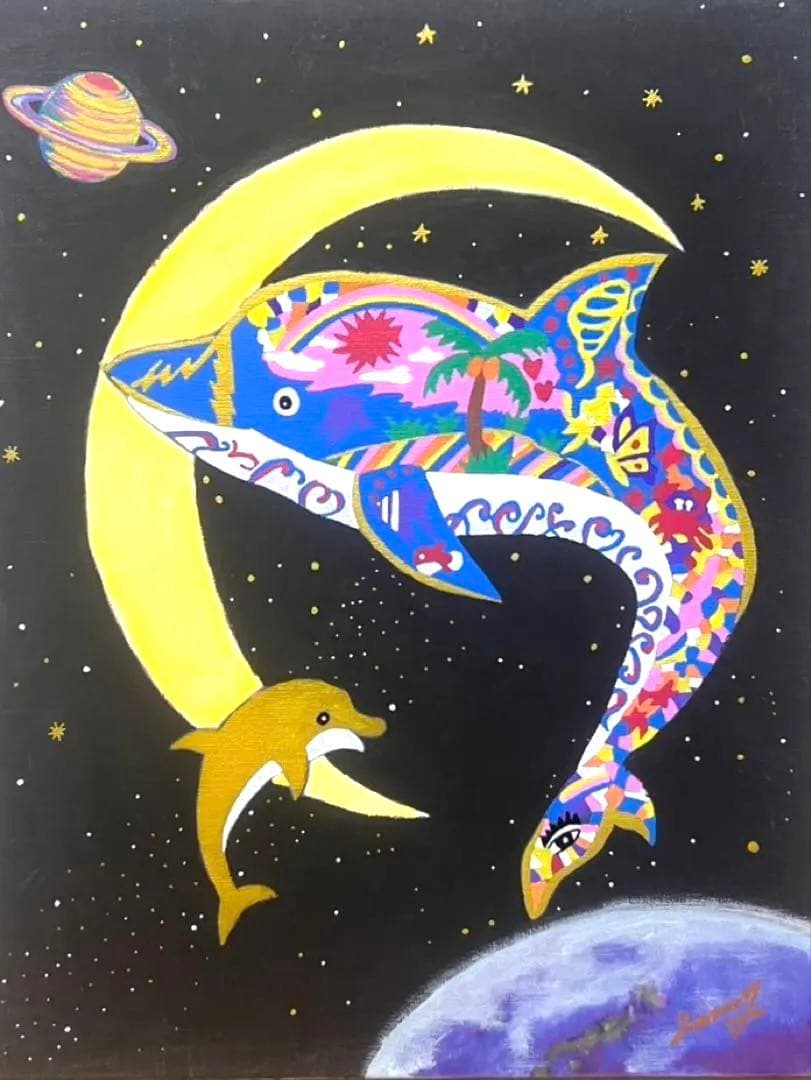 【F6号】ジミー大西（イルカ）手描き/表裏サイン有り/油彩/アクリル/額縁/絵画