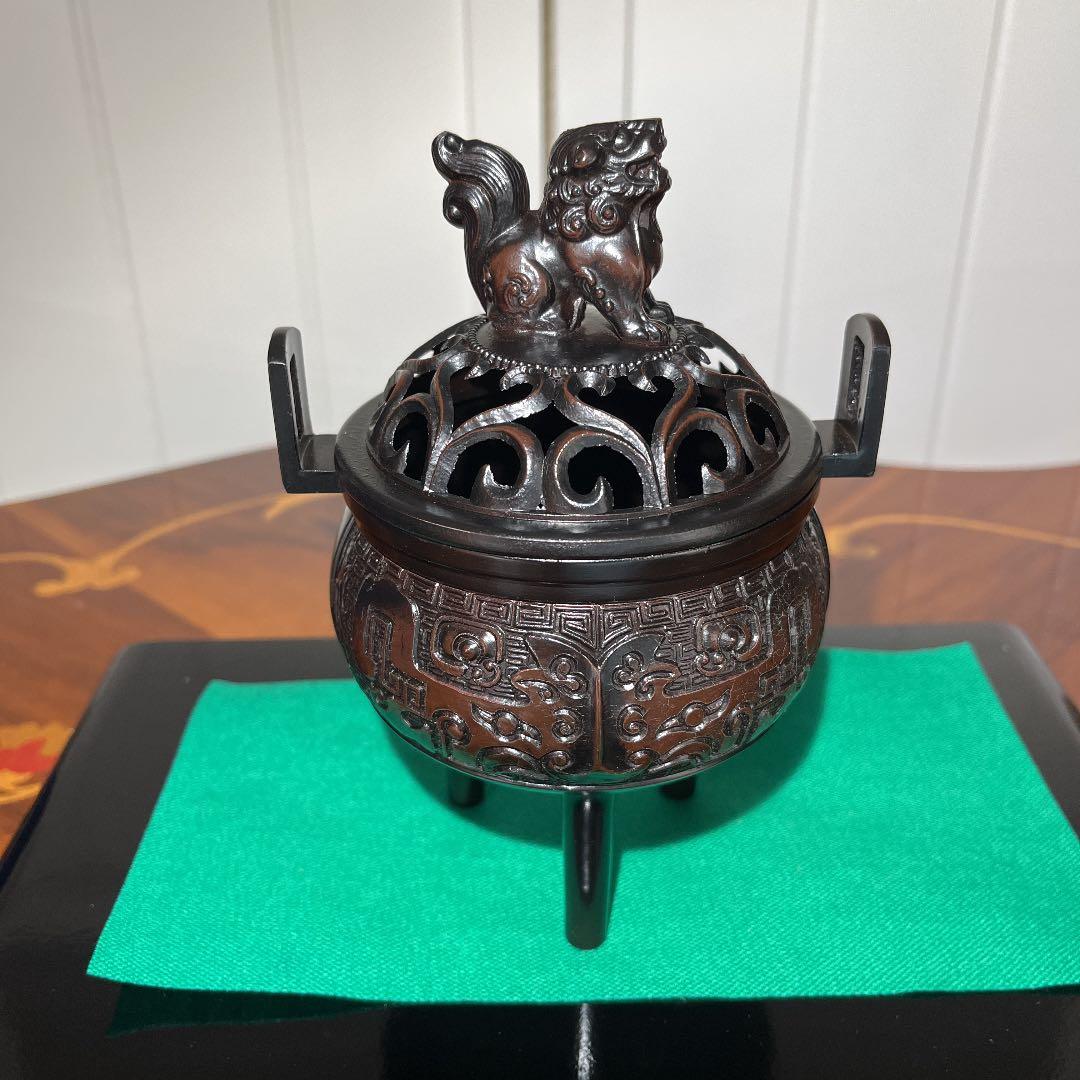 美術鋳物 華陽香爐 啓裕作 黒檀台座付 新品箱入