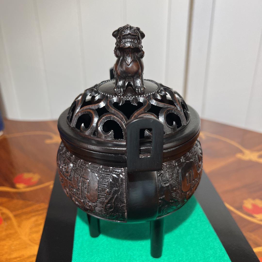 美術鋳物 華陽香爐 啓裕作 黒檀台座付 新品箱入