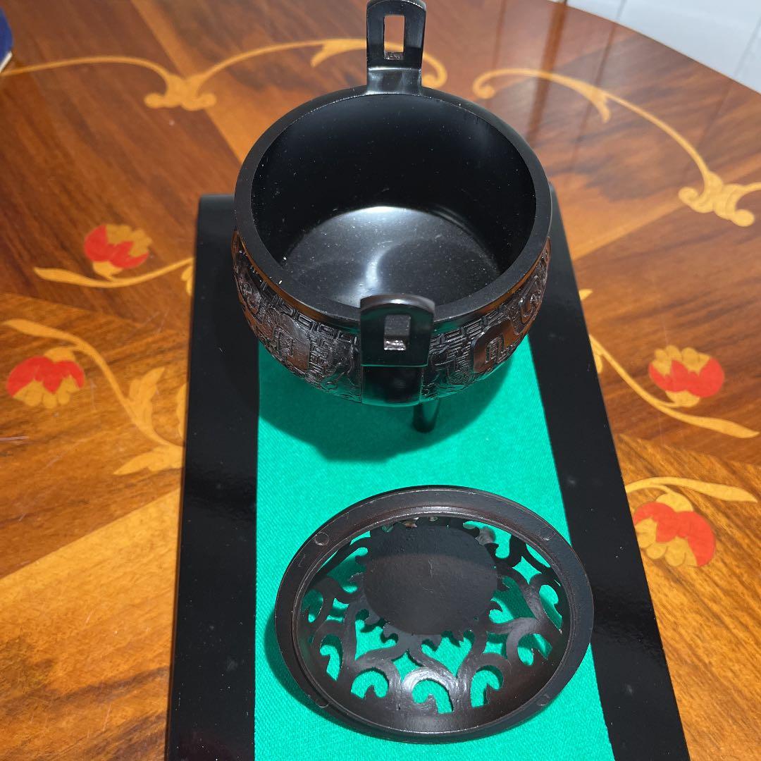 美術鋳物 華陽香爐 啓裕作 黒檀台座付 新品箱入
