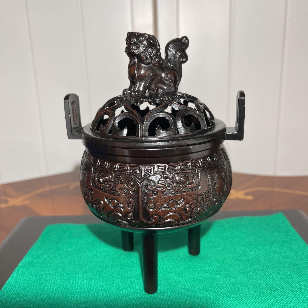 美術鋳物 華陽香爐 啓裕作 黒檀台座付 新品箱入