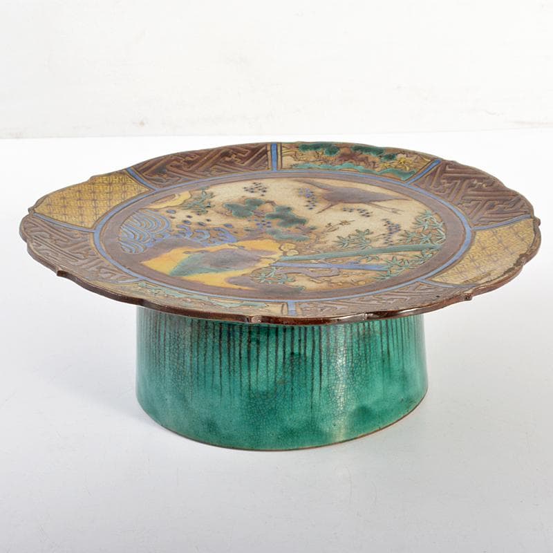 九谷焼　古九谷　青手九谷　松竹梅鶴亀文　高足鉢　角福銘　時代箱付　F　R6667