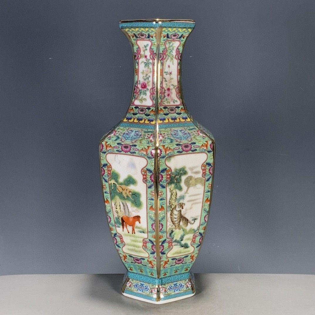 パステルとエナメル花動物六角花瓶 景徳鎮 陶磁器 装飾品 工芸品 美術品 置物