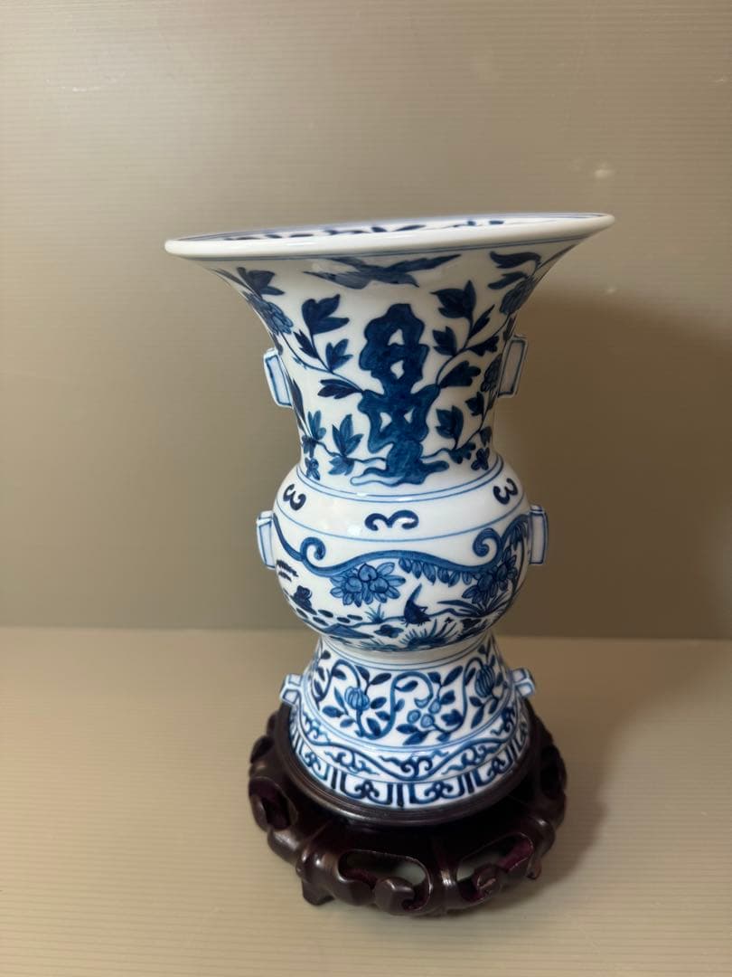 2903 中国骨董　大明萬暦年製銘　染付唐草青花　花瓶　花台付　時代物
