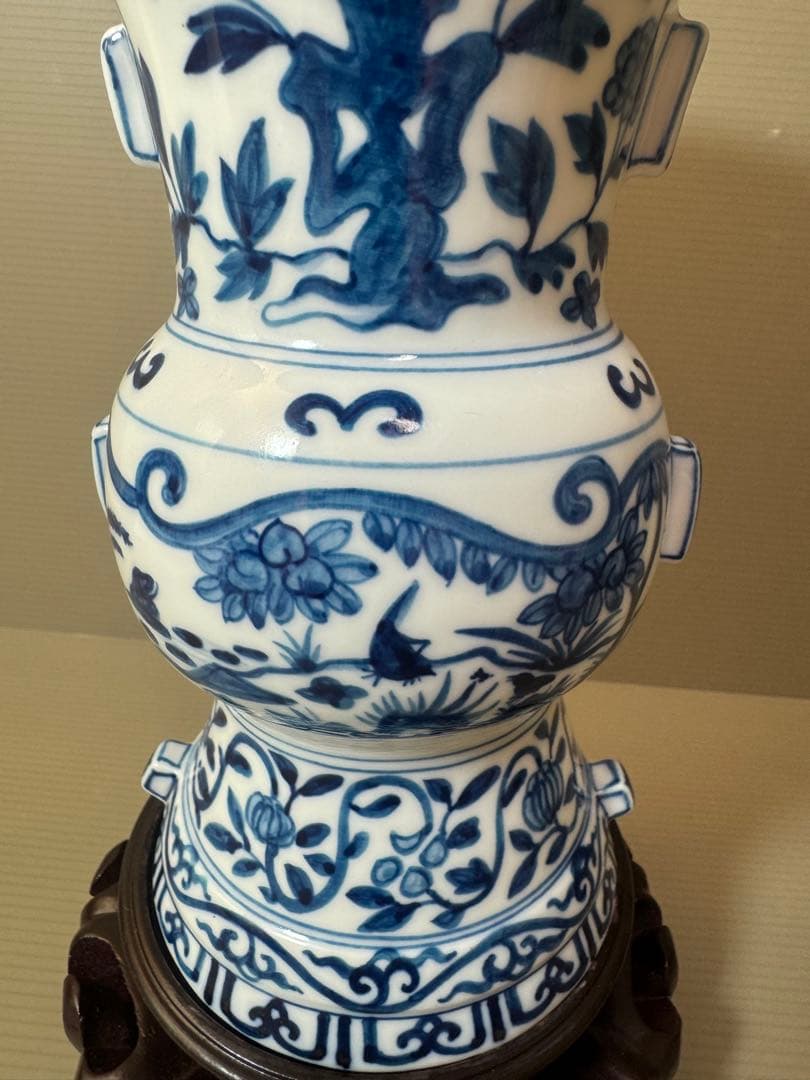 2903 中国骨董　大明萬暦年製銘　染付唐草青花　花瓶　花台付　時代物