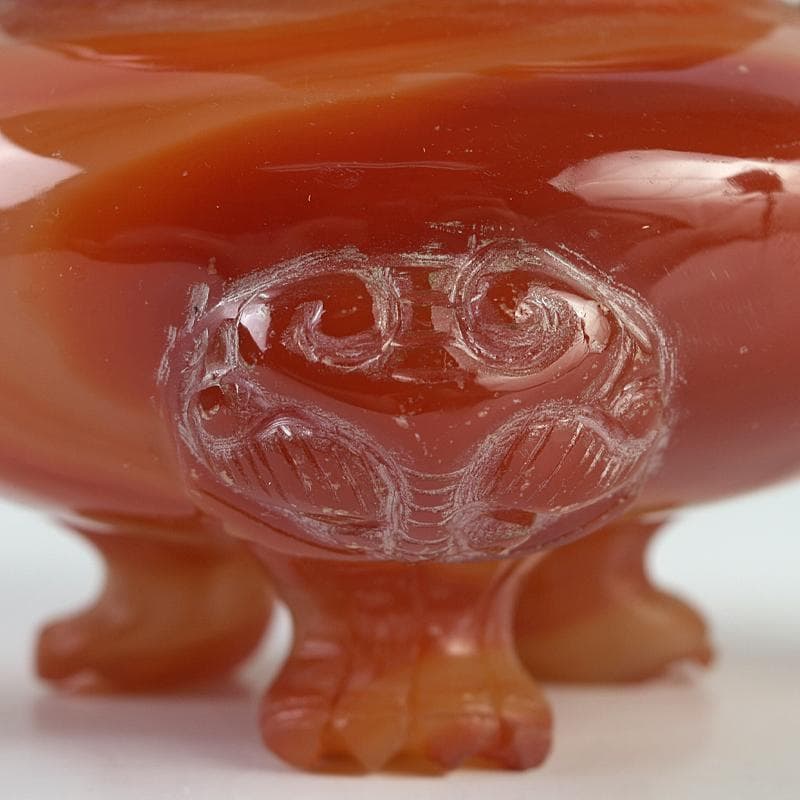 中国　赤瑪瑙彫刻　雙耳活環　獅子鈕蓋爐　香炉　D　R9079