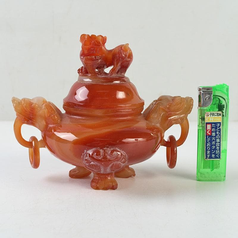 中国　赤瑪瑙彫刻　雙耳活環　獅子鈕蓋爐　香炉　D　R9079