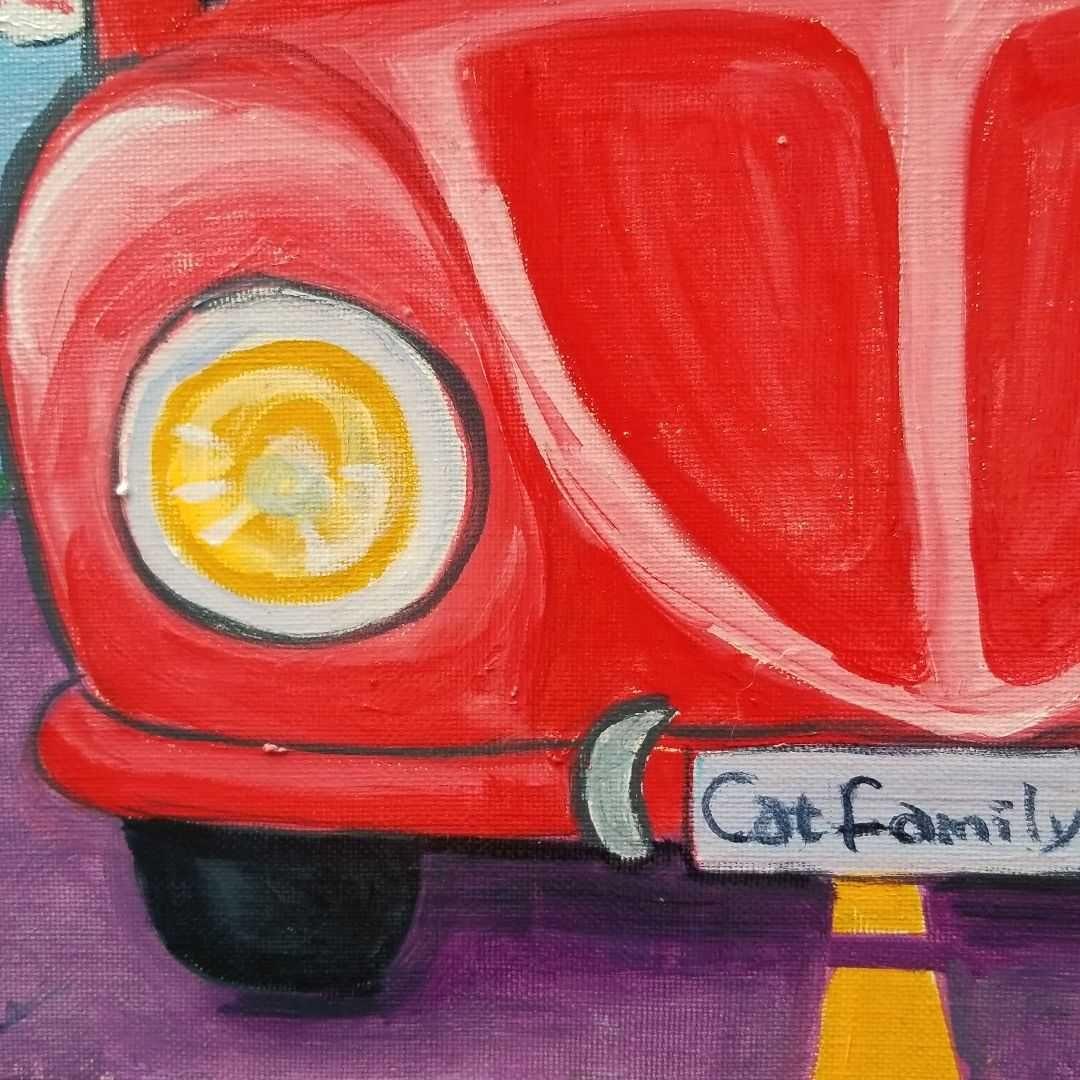 油絵　専用　ドライブに出発する猫の家族