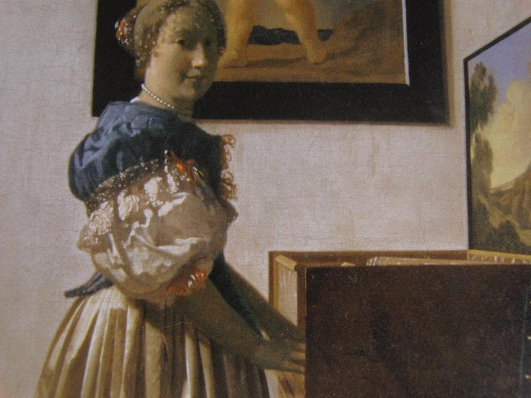 ヨハネス・フェルメール、「ヴァージナルの前に立つ女」、希少な画集の額装画