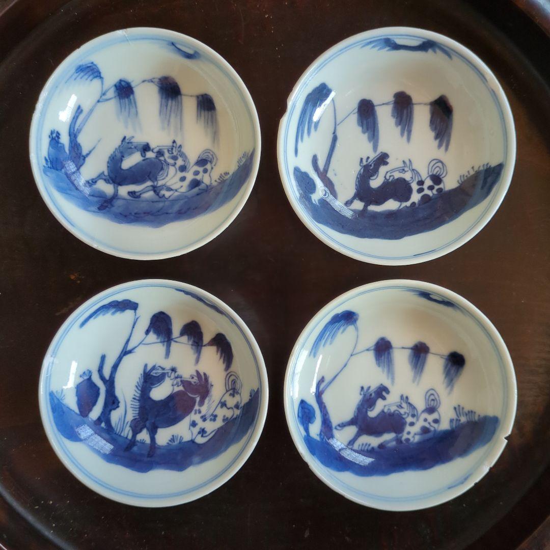 青白磁 動物モチーフ 皿 4枚セット　古染付　馬の絵柄　午年
