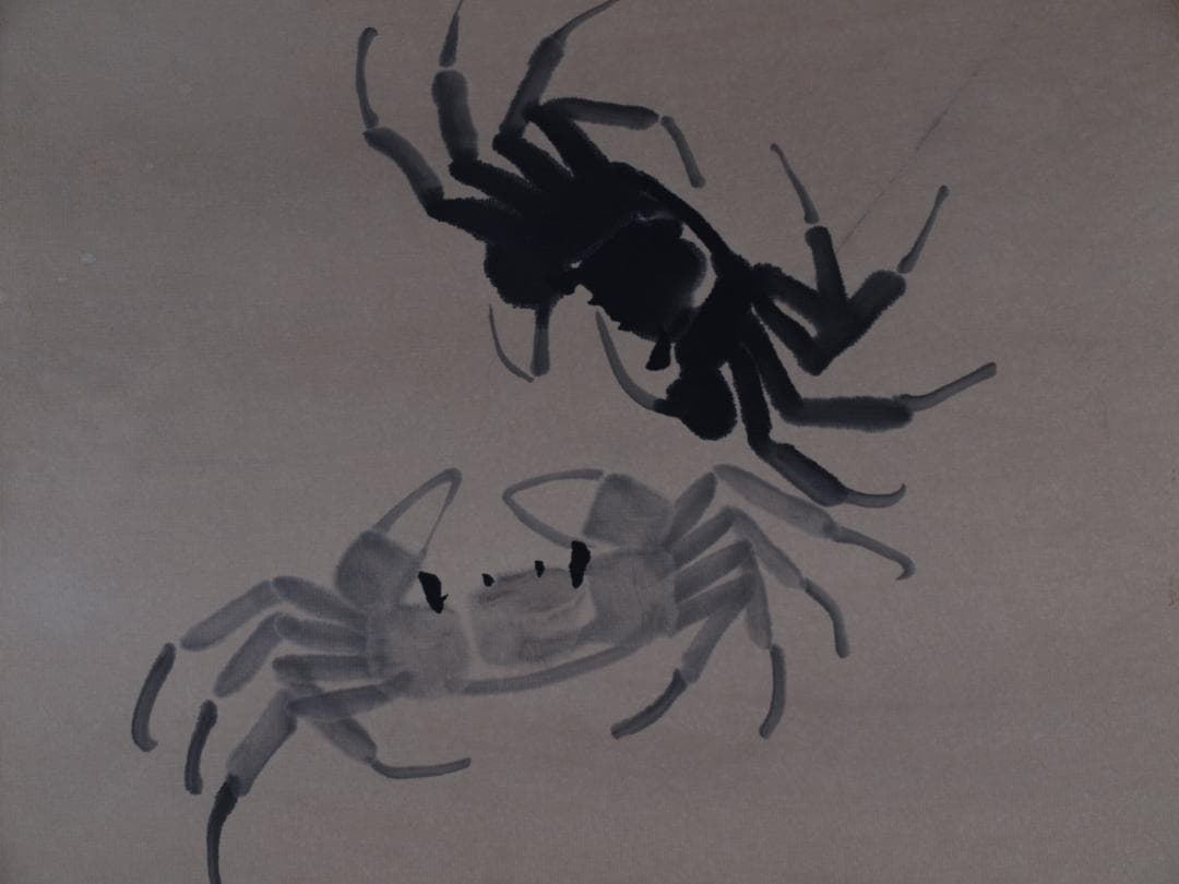 骨董市仕入れ品　中国近時代 白石作 螃蟹図 掛軸 DE642C8-3