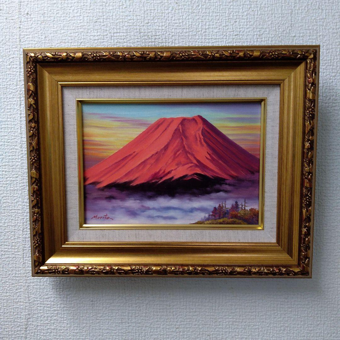 肉質油絵　横　赤富士　額縁入り仕上げ