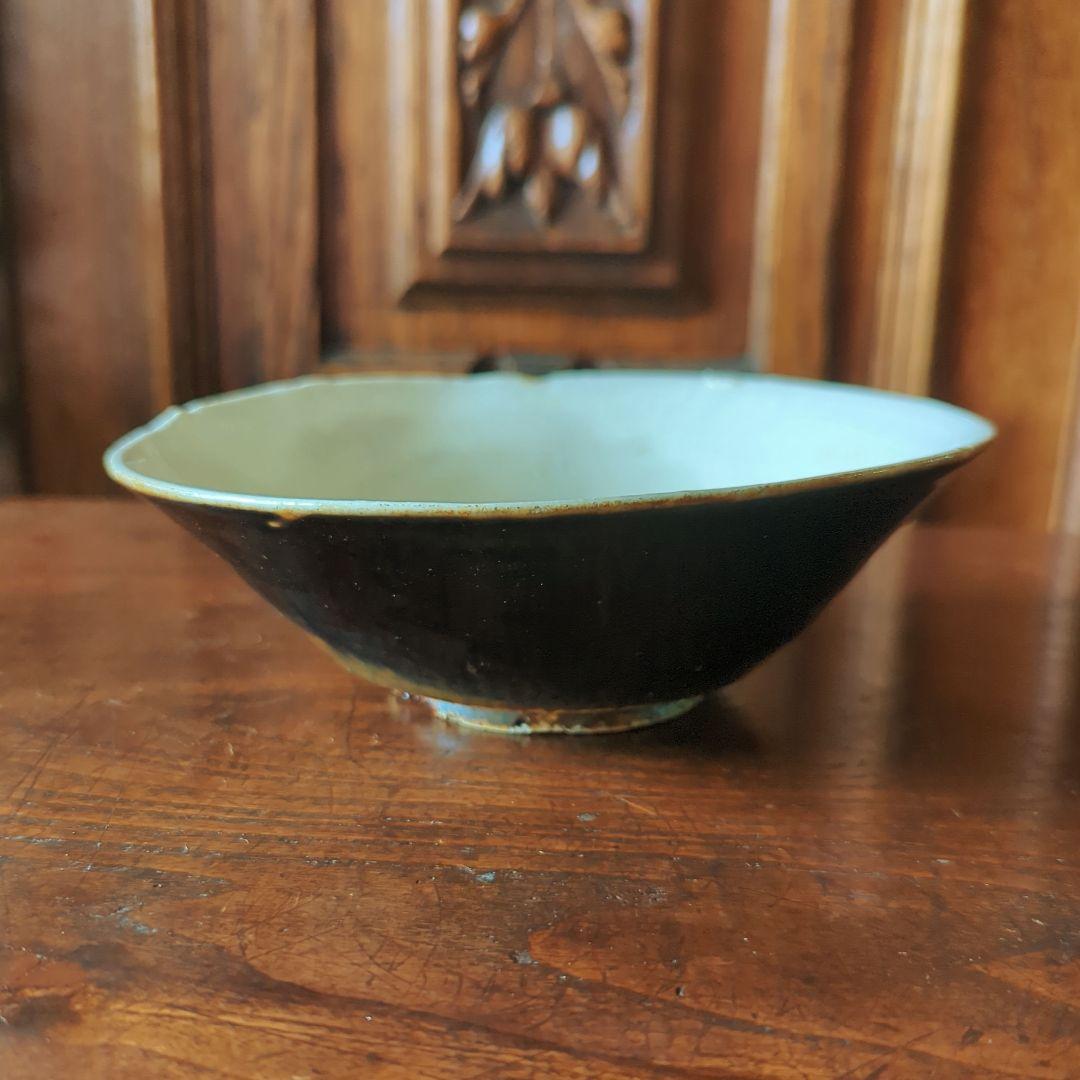 磁州窯茶碗 絵高麗形 天目釉、白釉 蛇の目釉剥ぎ 元〜明