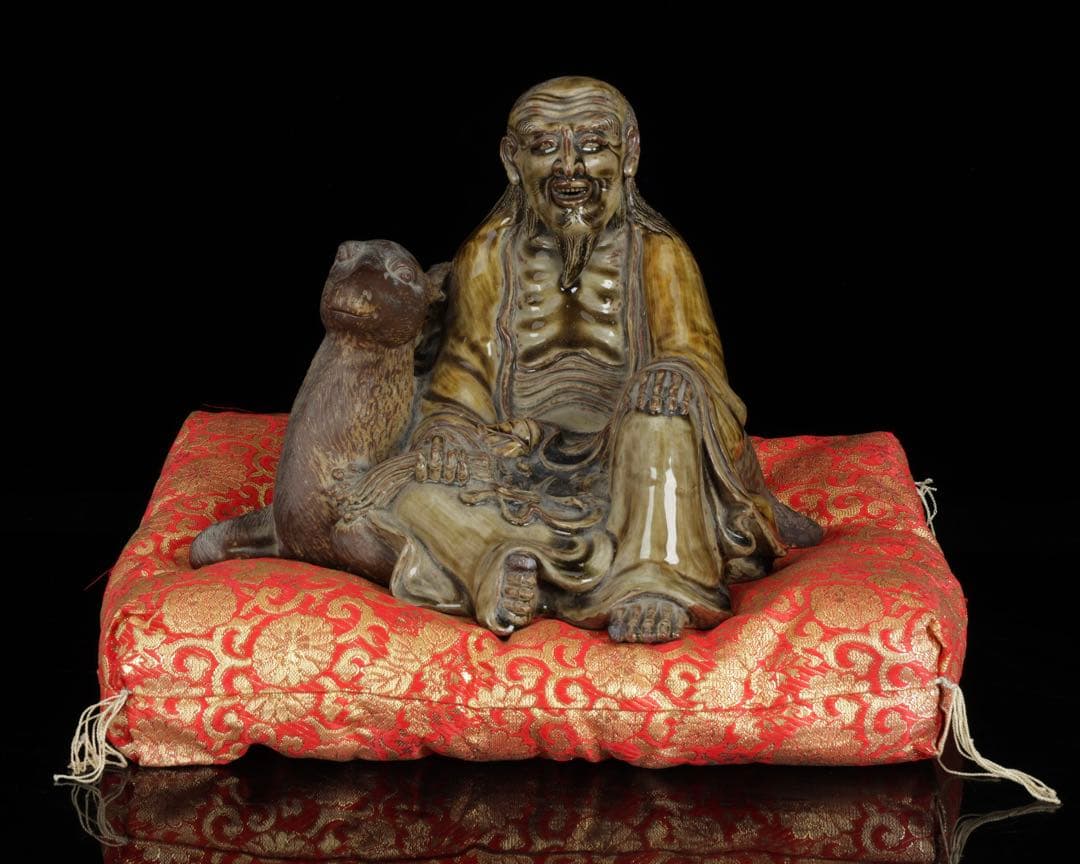 【古高取焼】鹿寿老像 七福神 長寿神 福禄寿 縁起物 置物 陶磁器 古作 共箱付