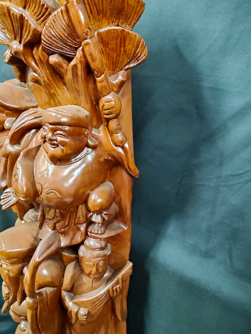 ​【大型・縁起物】木彫り 七福神 彫刻 置物 一刀彫 天然木 高さ135cm 欅