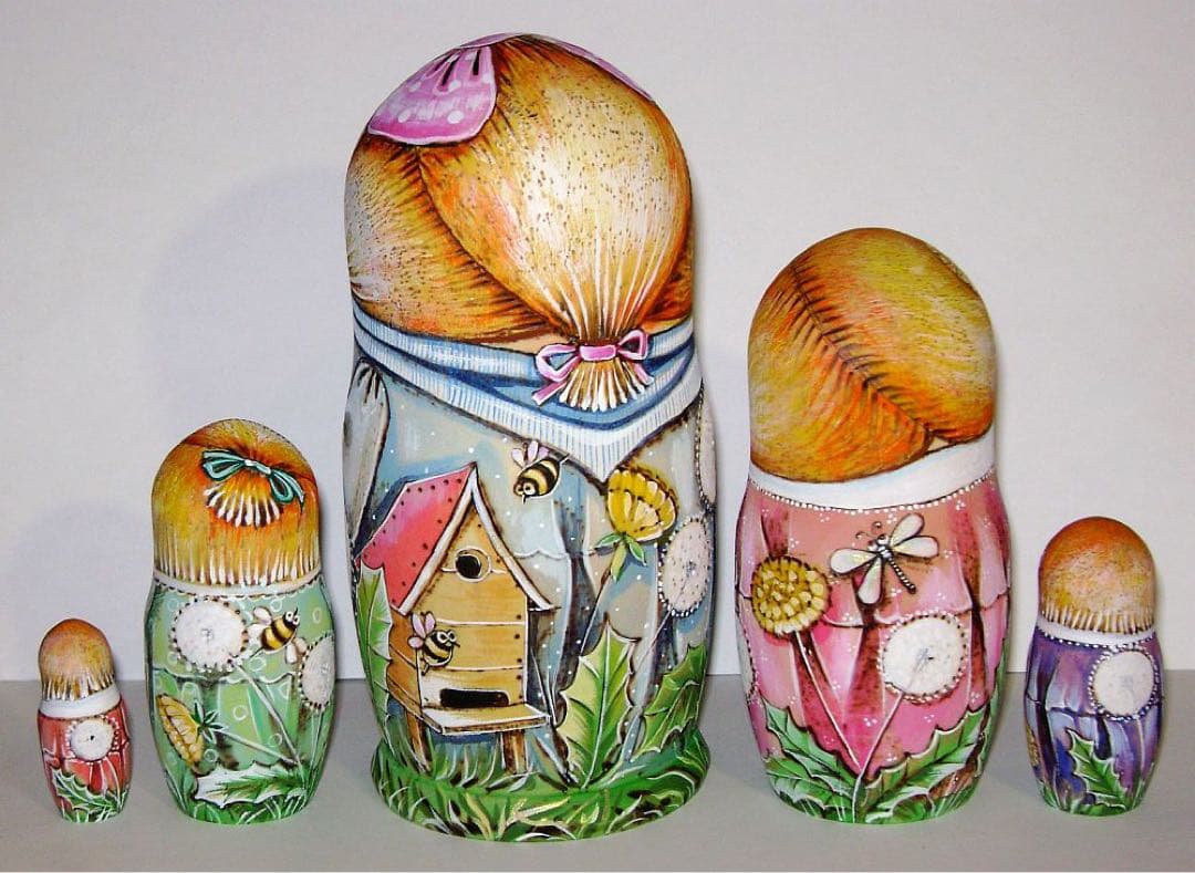 ロシア雑貨☆『タンポポ』ウッドバーニング マトリョーシカ(5P)ミラ作