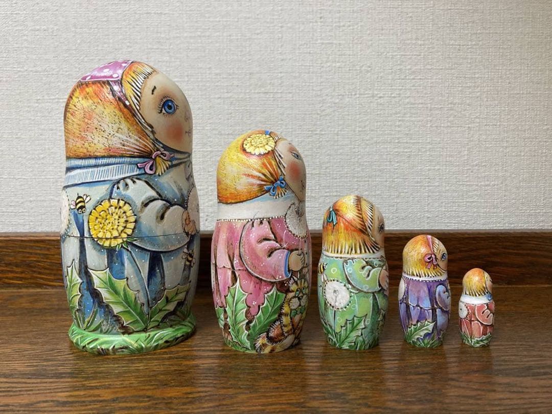 ロシア雑貨☆『タンポポ』ウッドバーニング マトリョーシカ(5P)ミラ作