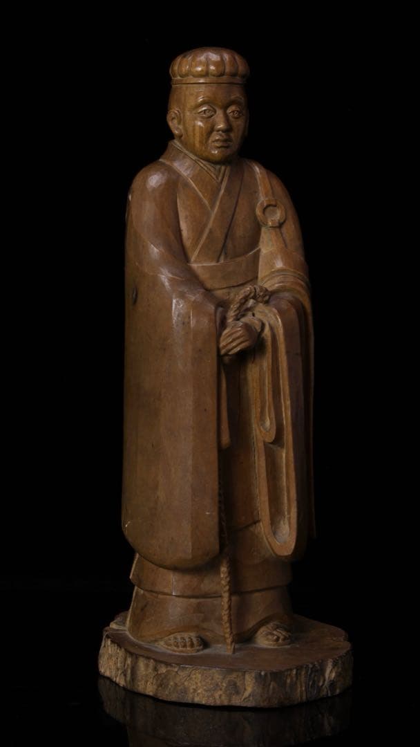 光刀 木彫 千利休像 26cm 在銘 天然木 彫刻 置物 人物像 骨董品 古美術