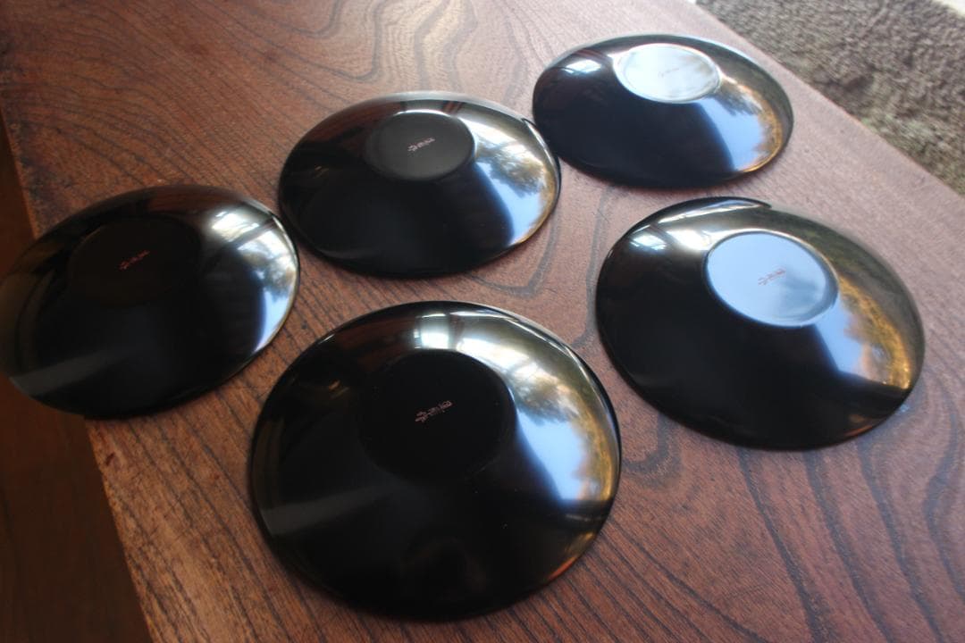 デッドストック！上質黒漆に優美な桔梗蒔絵の映える銘々皿5点（検輪島塗銘々皿蒔絵皿