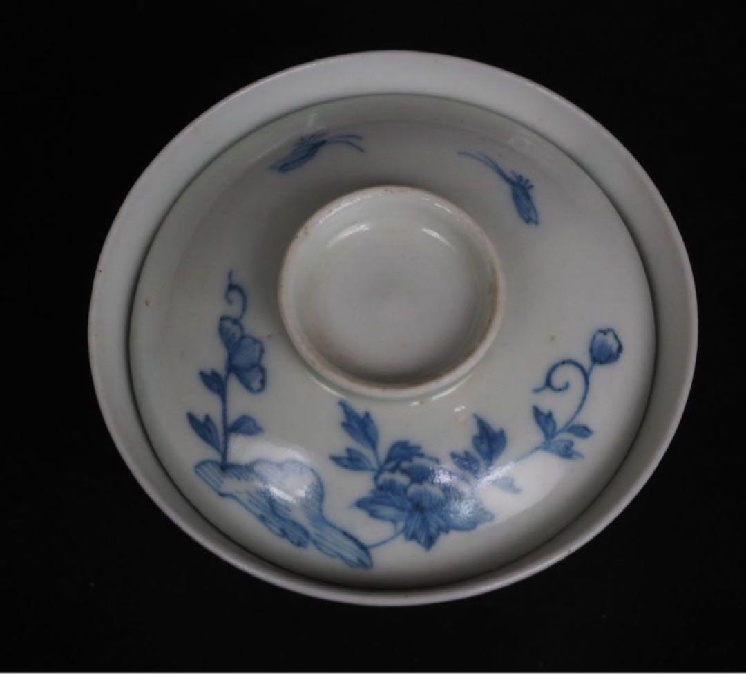 送料無料　江戸時代　青華染付蓋付茶碗５客　径7.6ｃｍ　小振り・極珍品