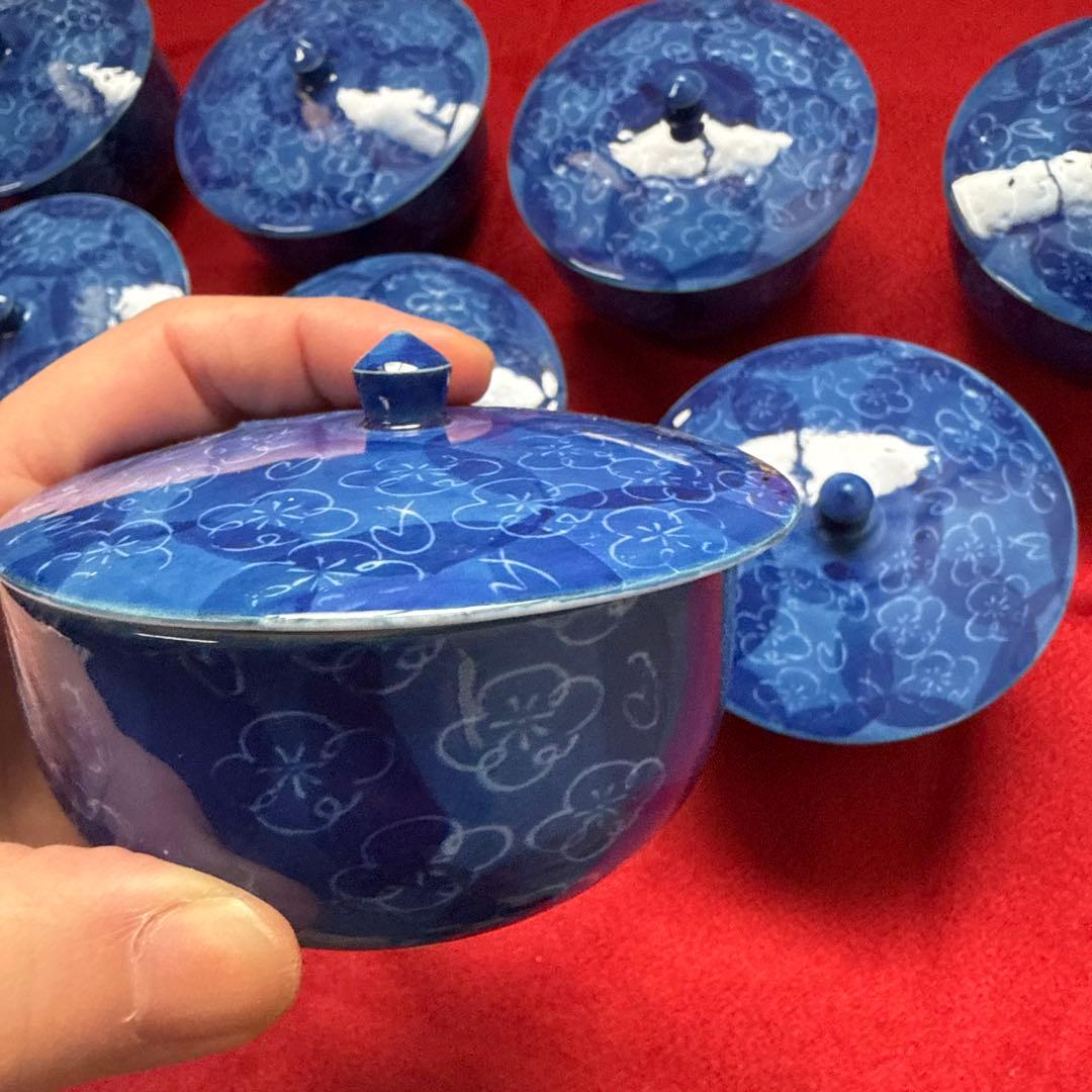 青色花模様陶器杯 12個セット　蓋付き　有田焼