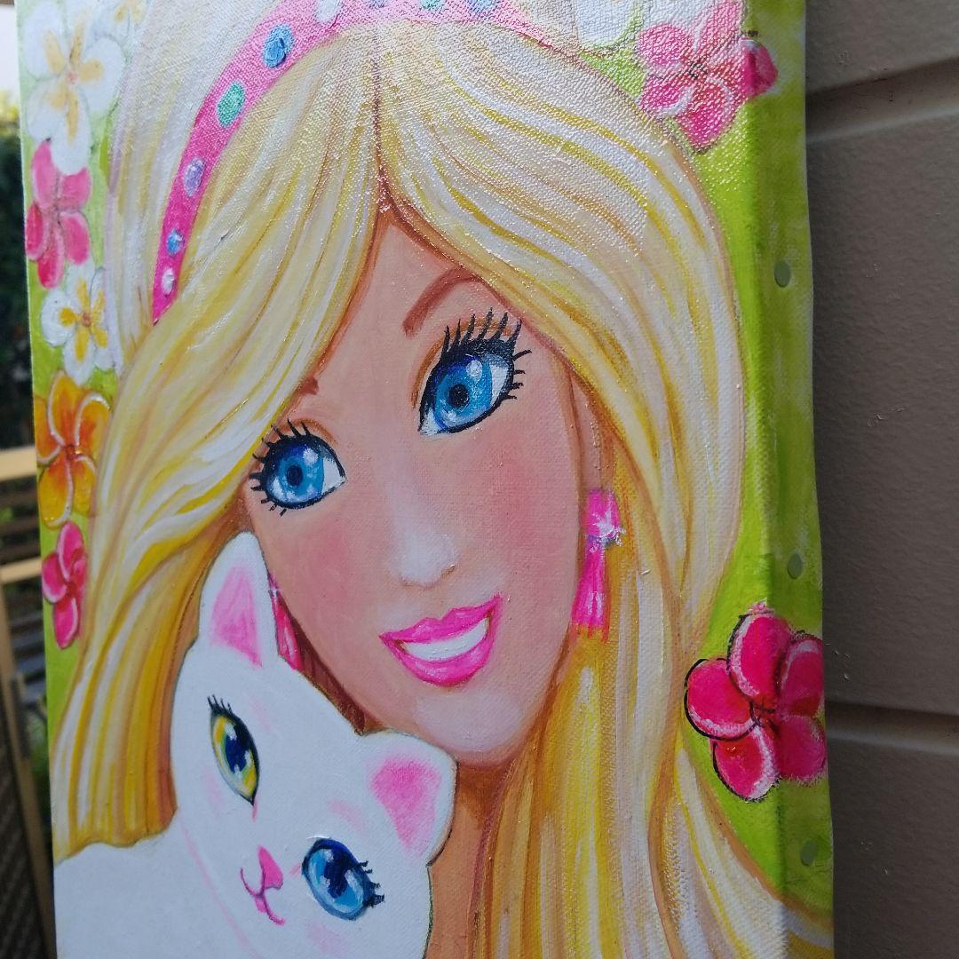 油絵　マミ　白猫とバービーちゃんのような私とプルメリア