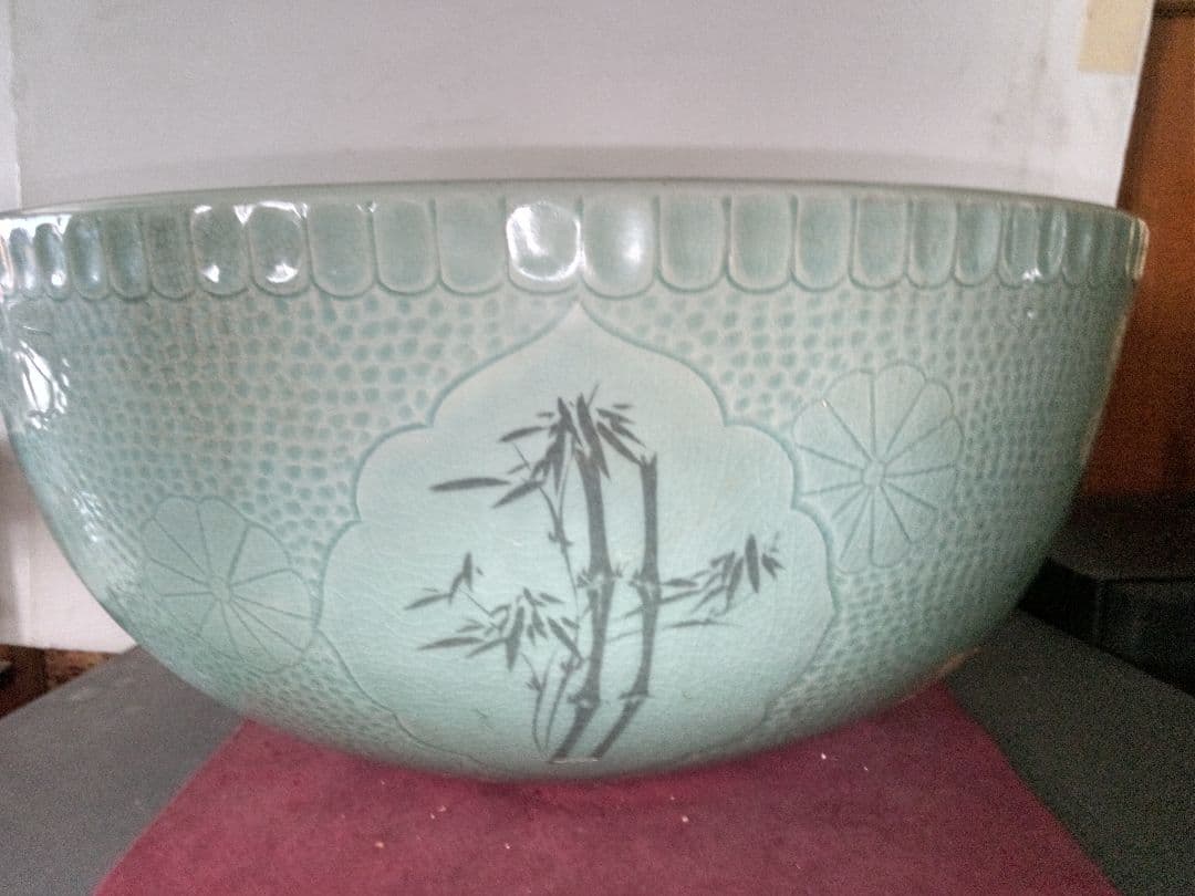 大型　青磁　睡蓮鉢　水鉢