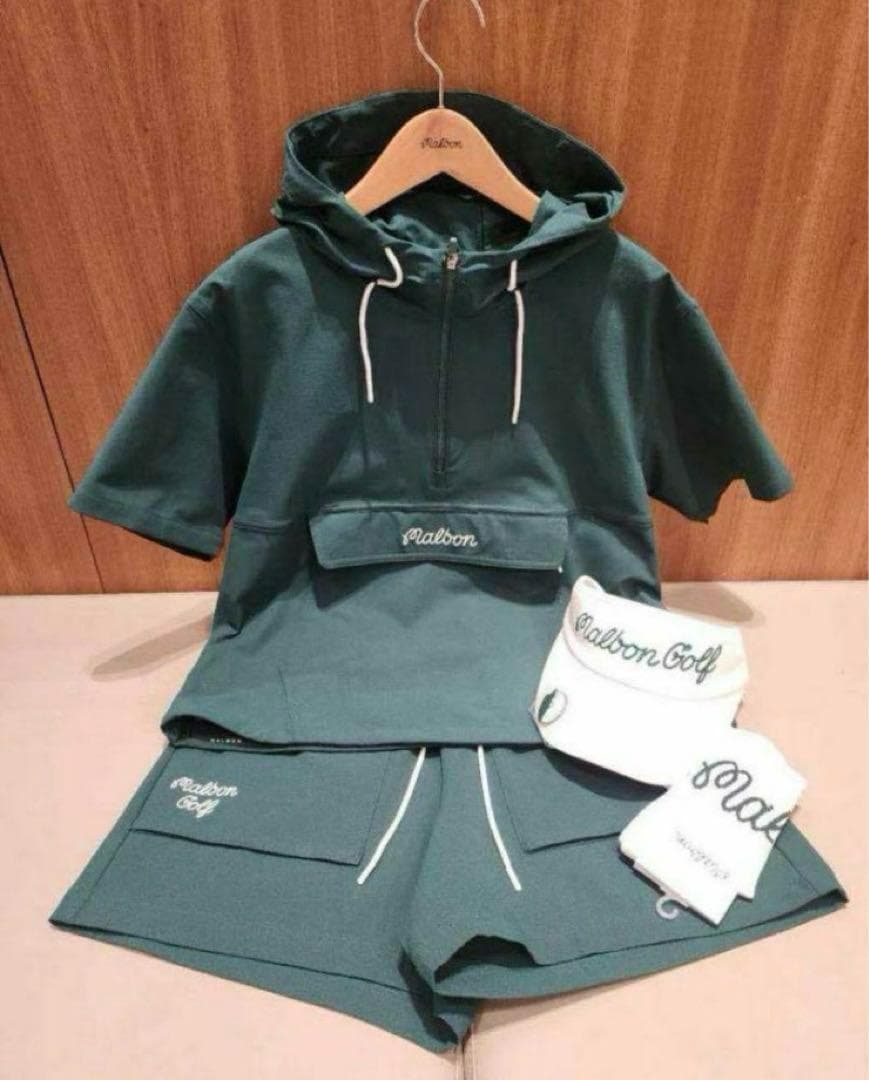 Malbon パーカー＆ショートパンツ 上下セット グリーン 刺繍ロゴ入り✨新品