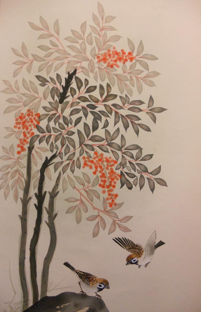 掛け軸 皓人 南天福寿 絹本 希少 軸装 茶道具 掛軸 美品 です。