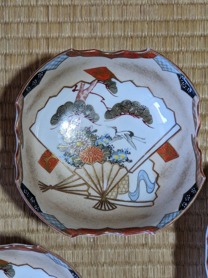 ♦九谷焼 明治時代 金彩色絵 団扇松鶴図 四方鉢 向付 茶道具 古美術 骨董品