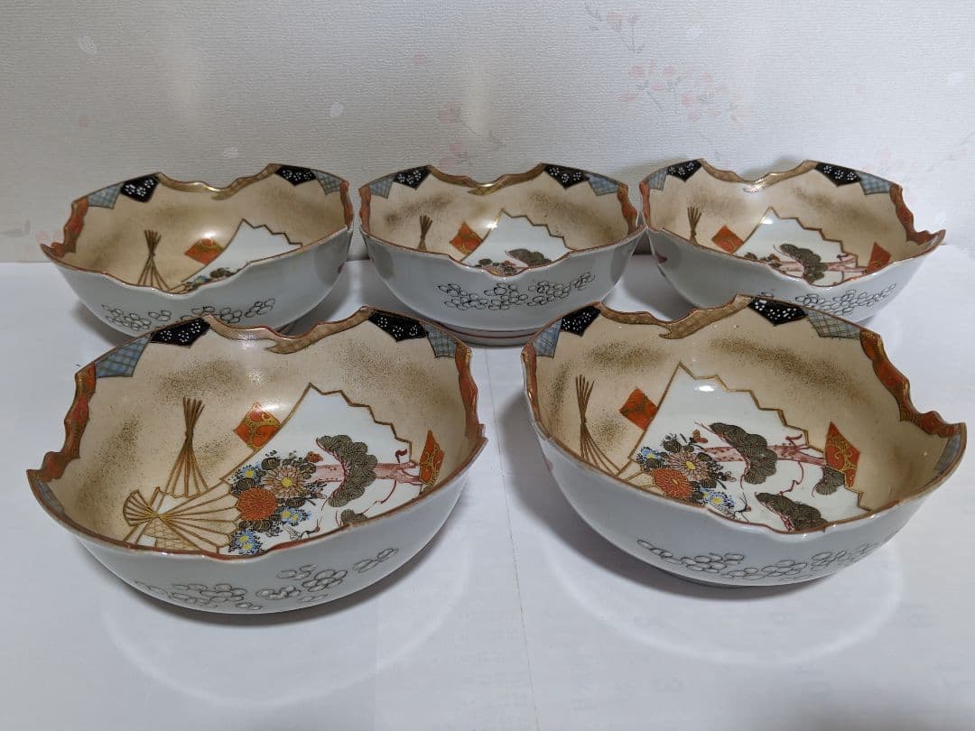 ♦九谷焼 明治時代 金彩色絵 団扇松鶴図 四方鉢 向付 茶道具 古美術 骨董品