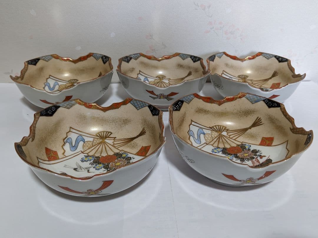 ♦九谷焼 明治時代 金彩色絵 団扇松鶴図 四方鉢 向付 茶道具 古美術 骨董品